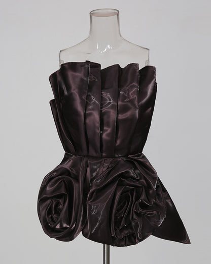 Coffee Strapless 3D Rose Peplum Formal Top