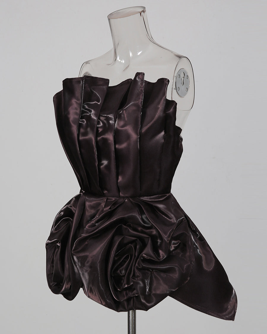 Coffee Strapless 3D Rose Peplum Formal Top