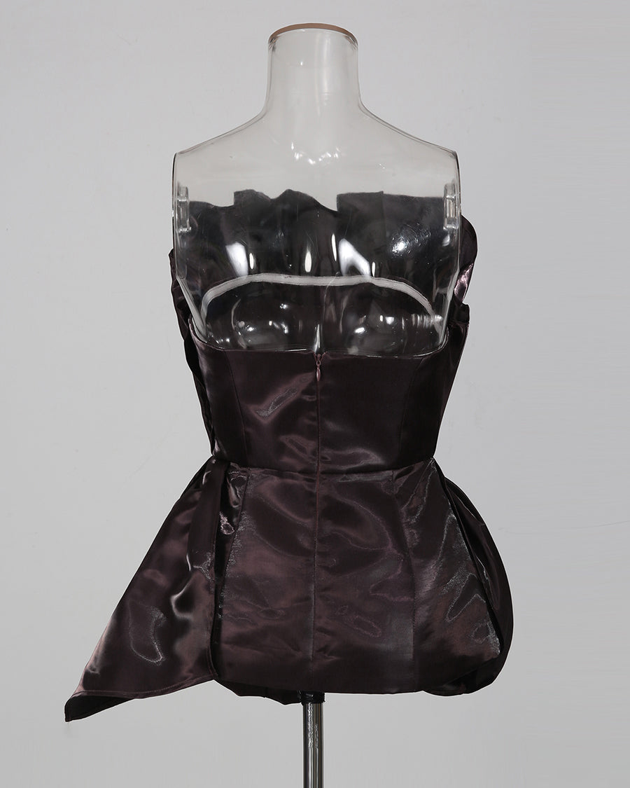 Coffee Strapless 3D Rose Peplum Formal Top