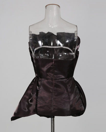 Coffee Strapless 3D Rose Peplum Formal Top