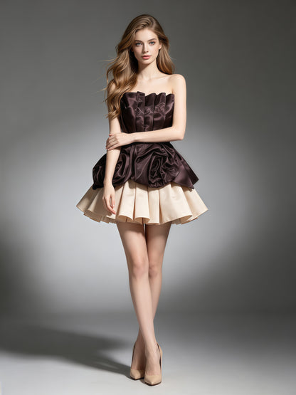 Coffee Strapless 3D Rose Peplum Formal Top
