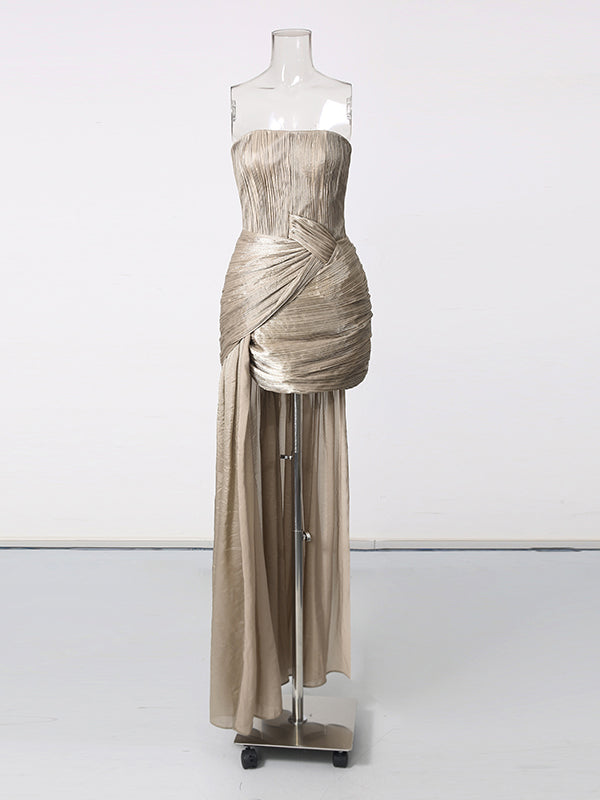 Coffee Strapless Ruched Twisted Asymmetric  Evening Dress