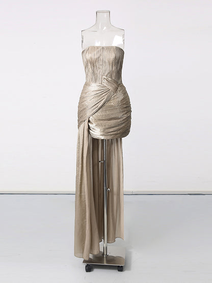 Coffee Strapless Ruched Twisted Asymmetric  Evening Dress