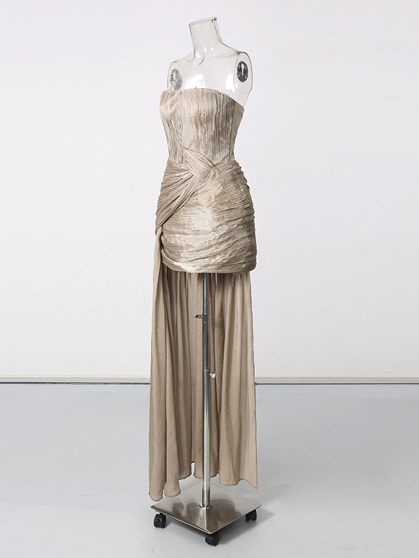 Coffee Strapless Ruched Twisted Asymmetric  Evening Dress