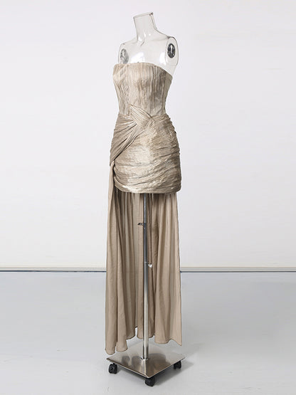 Coffee Strapless Ruched Twisted Asymmetric  Evening Dress