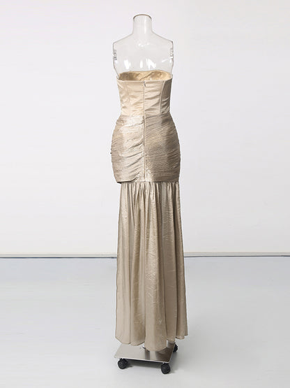 Coffee Strapless Ruched Twisted Asymmetric  Evening Dress
