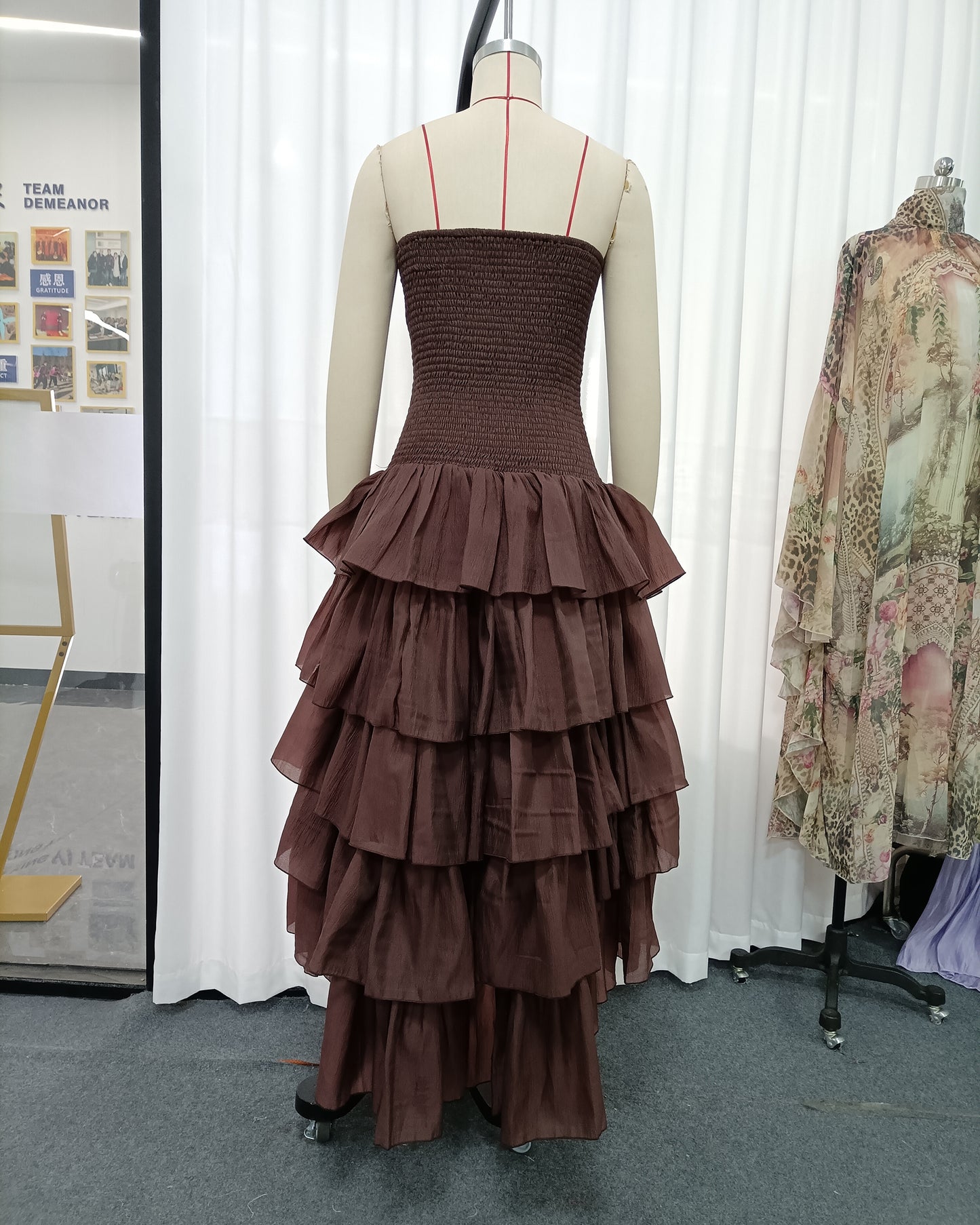 Coffee Strapless Smocked Ruffle Dress