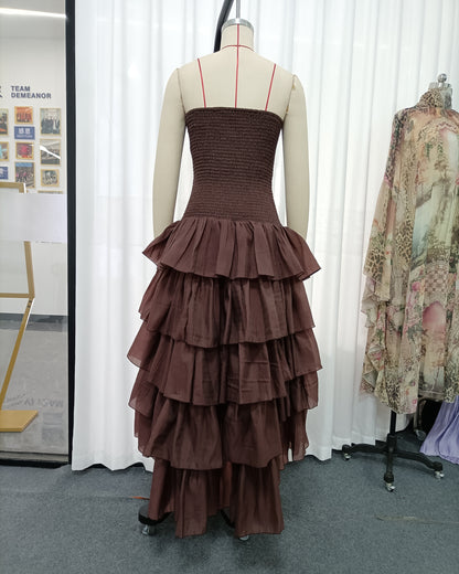 Coffee Strapless Smocked Ruffle Dress