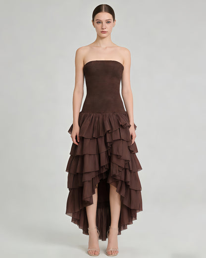 Coffee Strapless Smocked Ruffle Dress