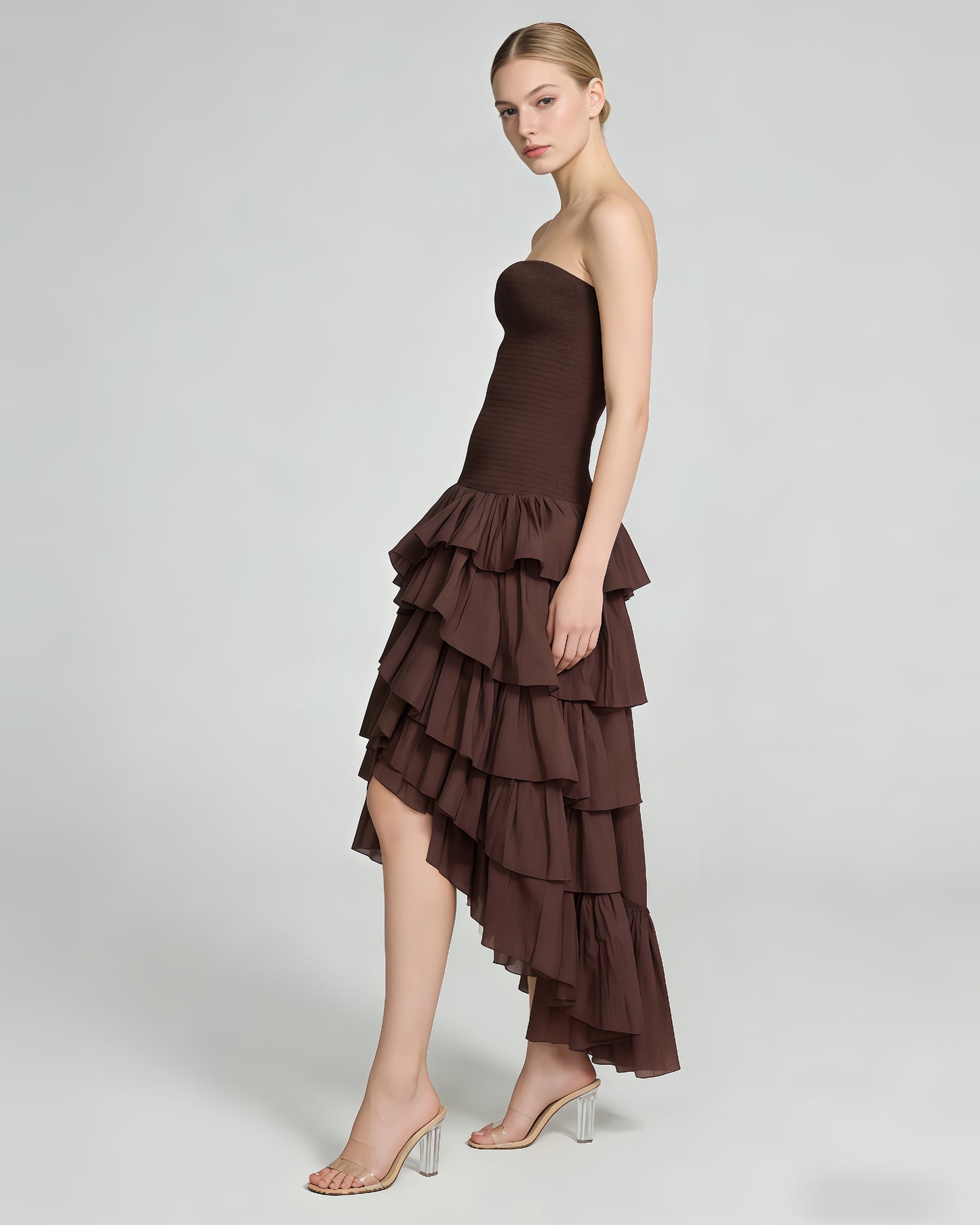Coffee Strapless Smocked Ruffle Dress