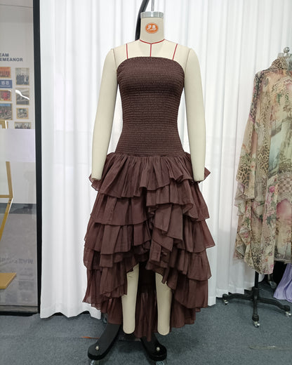 Coffee Strapless Smocked Ruffle Dress