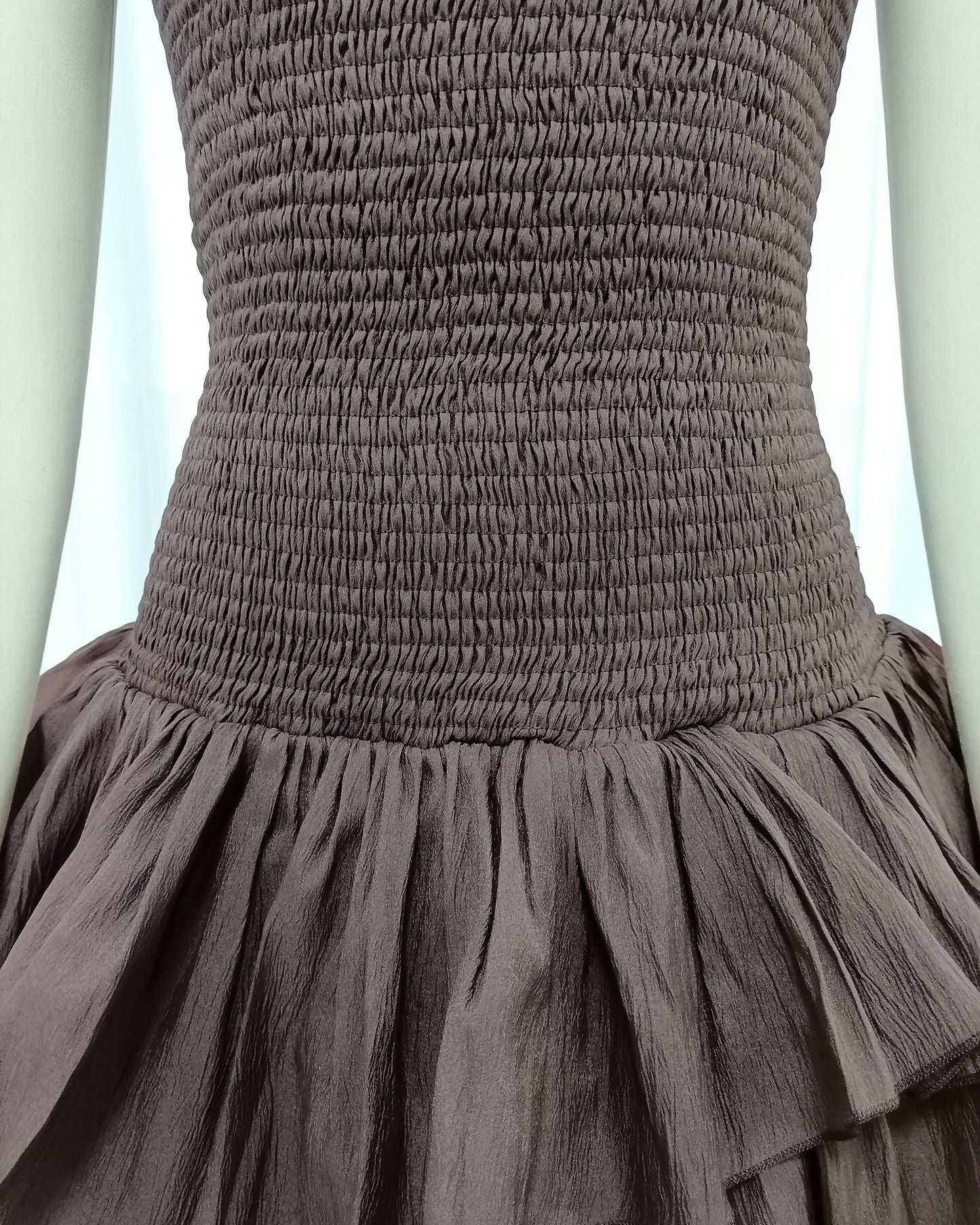 Coffee Strapless Smocked Ruffle Dress