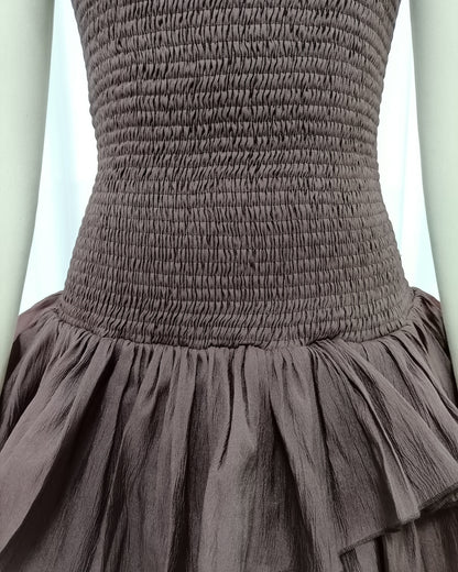 Coffee Strapless Smocked Ruffle Dress