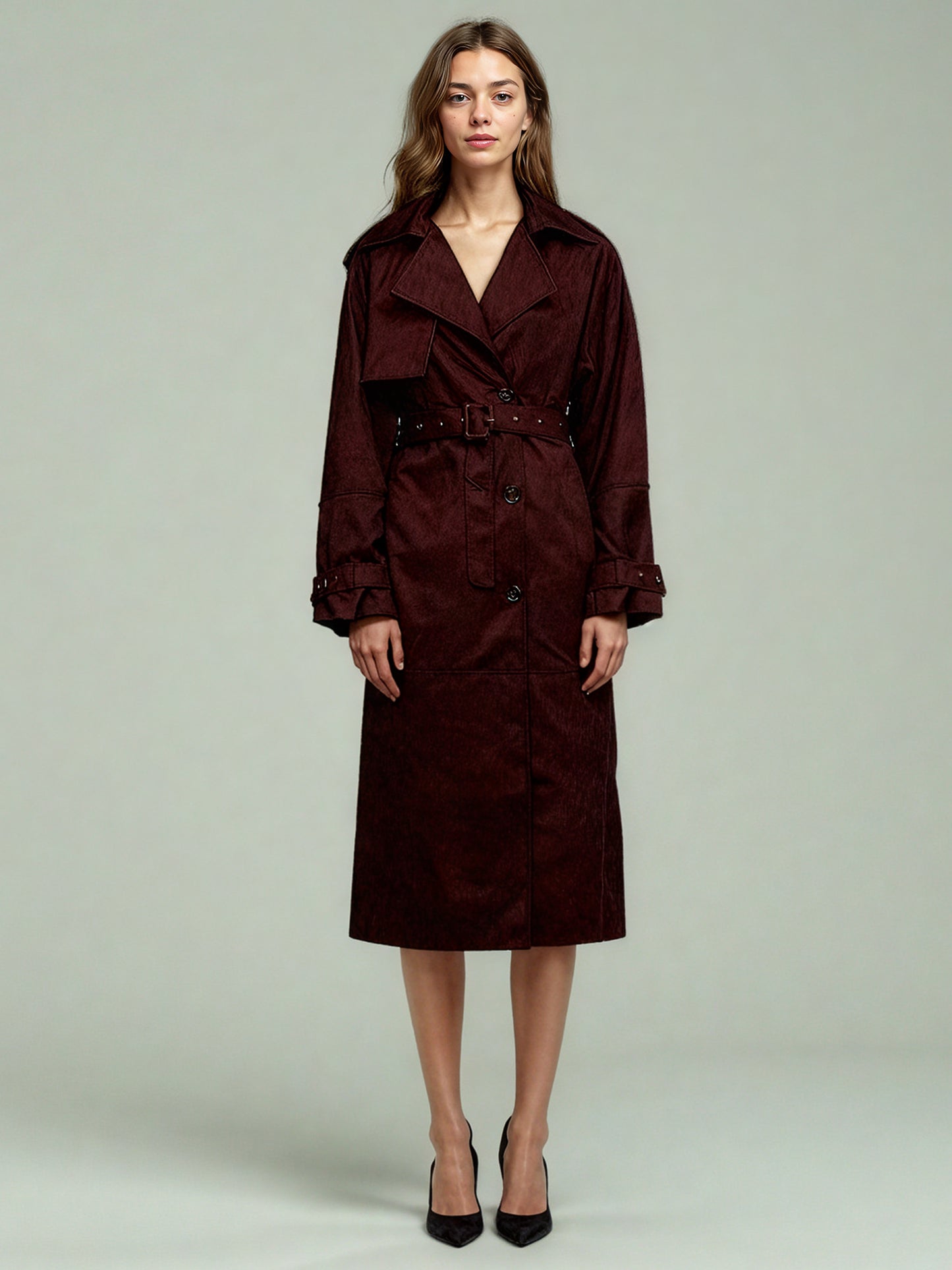 Coffee Suede Long Trench Coat with Belted Waist