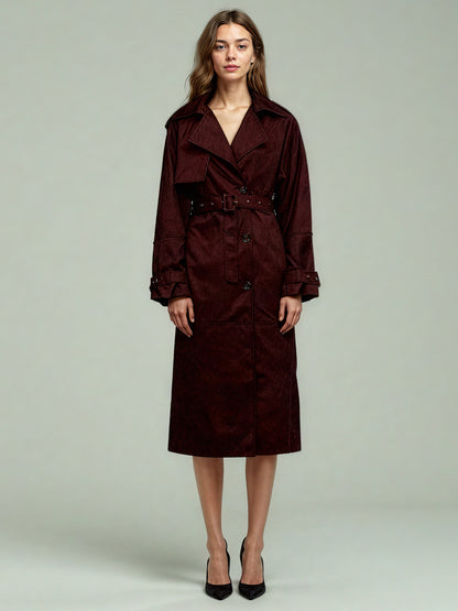 Coffee Suede Long Trench Coat with Belted Waist