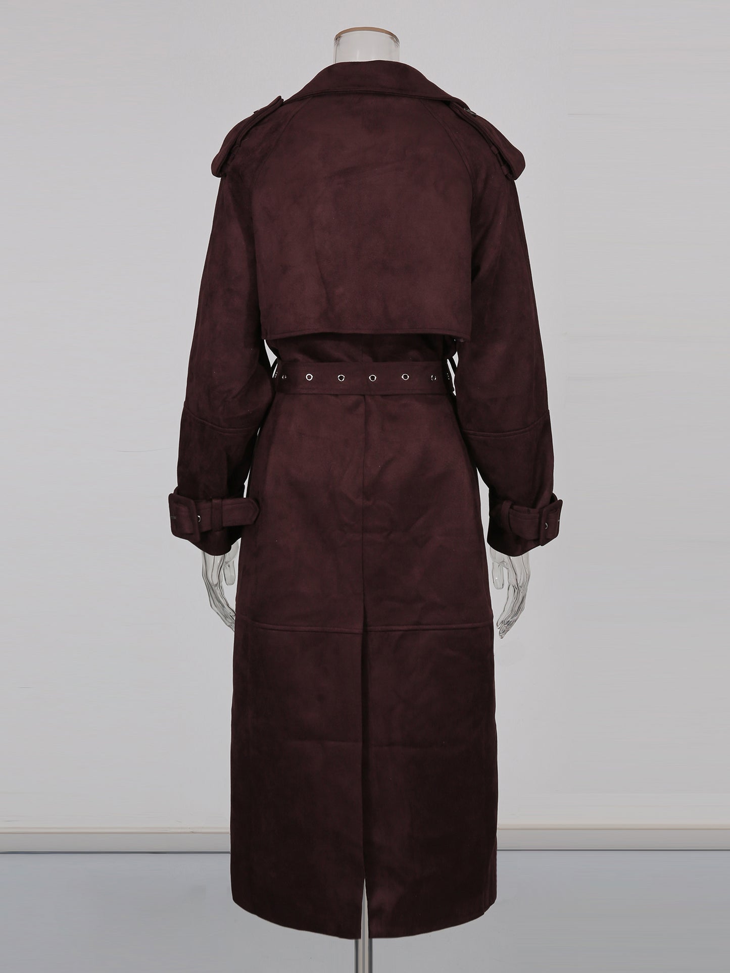 Coffee Suede Long Trench Coat with Belted Waist