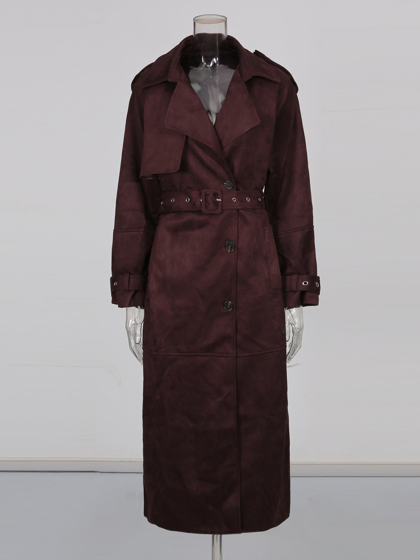 Coffee Suede Long Trench Coat with Belted Waist