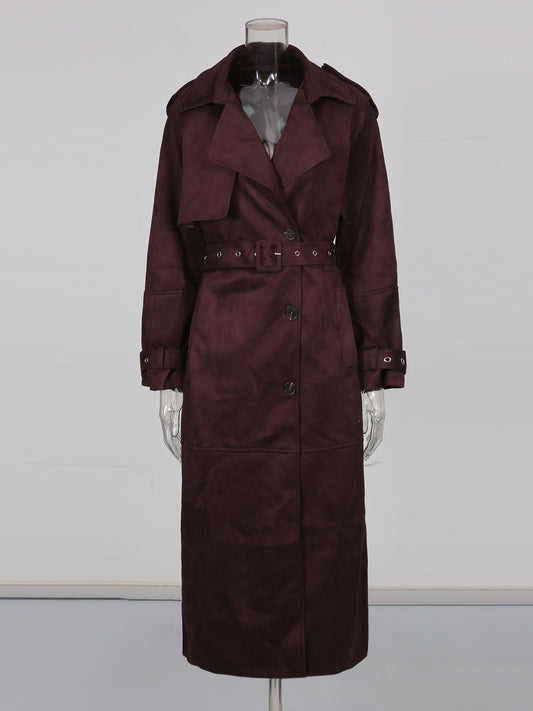 Coffee Suede Long Trench Coat with Belted Waist