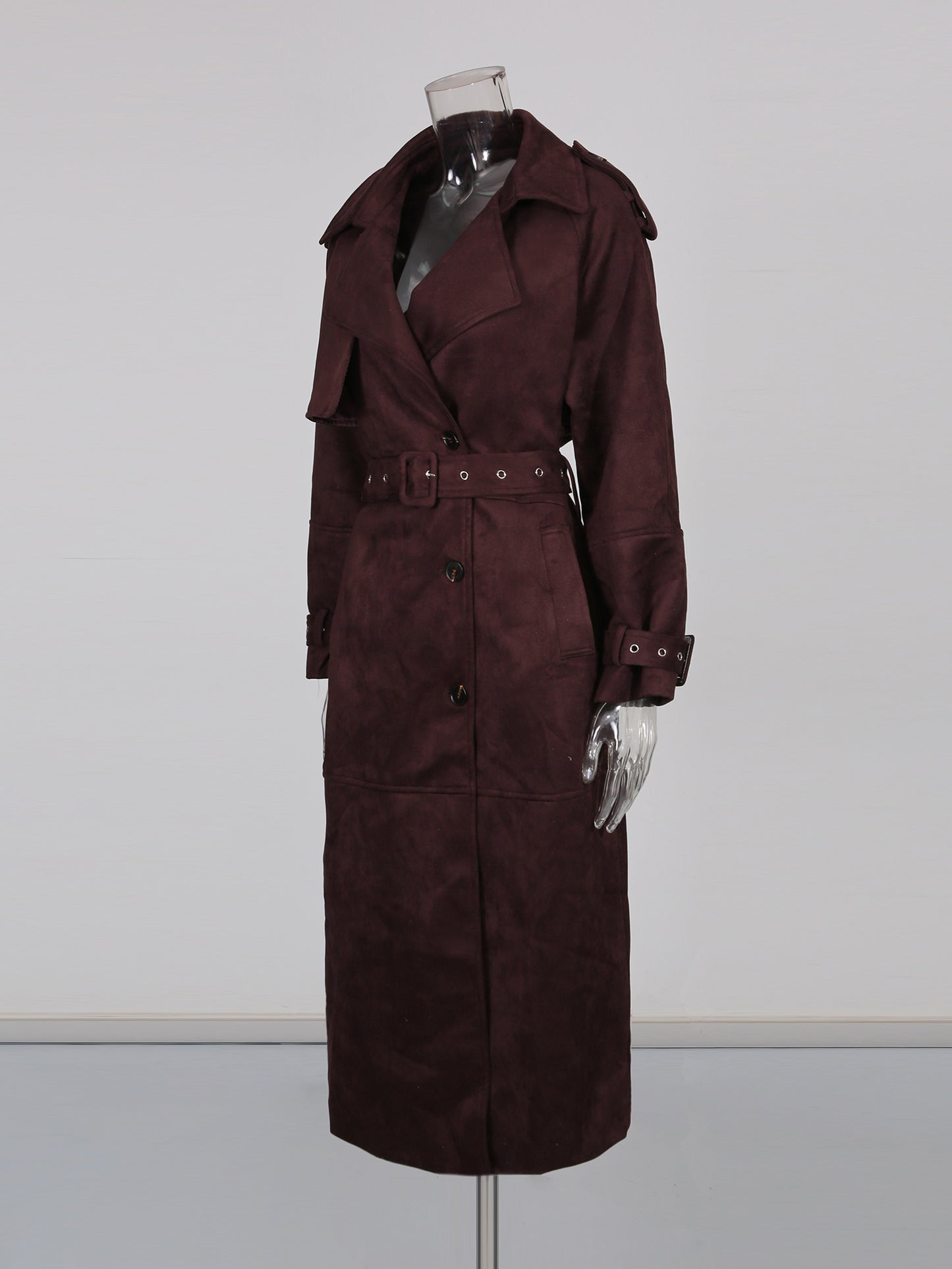 Coffee Suede Long Trench Coat with Belted Waist