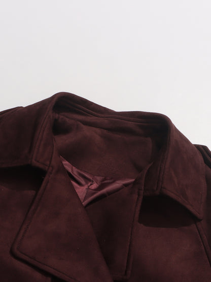 Coffee Suede Long Trench Coat with Belted Waist