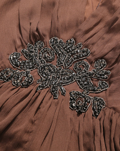 Coffee V-Neck Beaded Sheer Puff Sleeve Maxi Dress