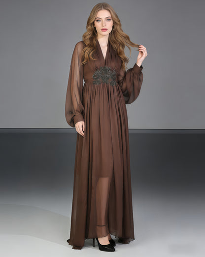 Coffee V-Neck Beaded Sheer Puff Sleeve Maxi Dress