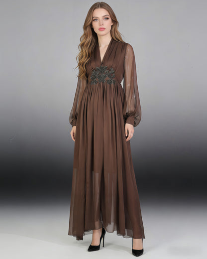 Coffee V-Neck Beaded Sheer Puff Sleeve Maxi Dress