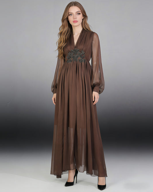 Coffee V-Neck Beaded Sheer Puff Sleeve Maxi Dress