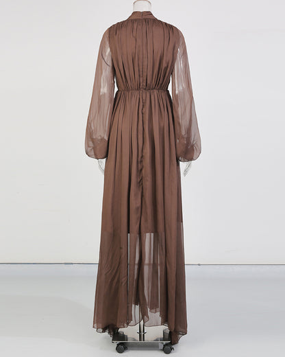 Coffee V-Neck Beaded Sheer Puff Sleeve Maxi Dress