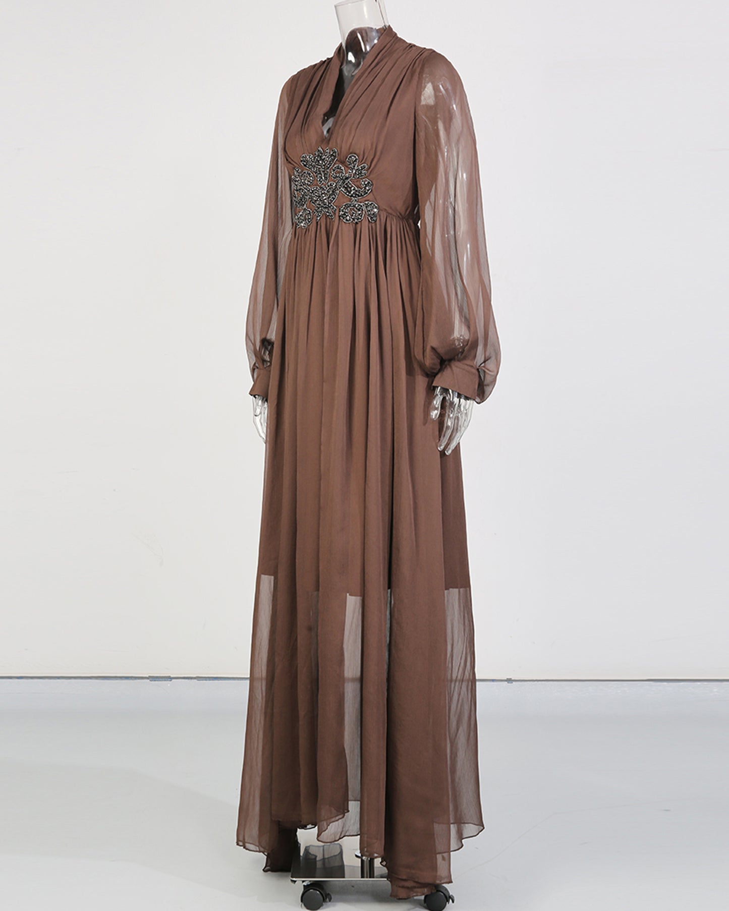 Coffee V-Neck Beaded Sheer Puff Sleeve Maxi Dress
