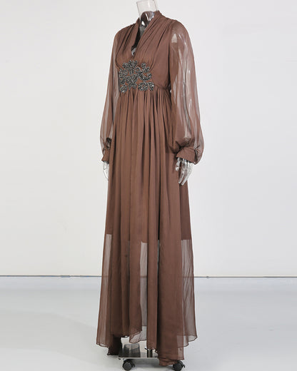 Coffee V-Neck Beaded Sheer Puff Sleeve Maxi Dress