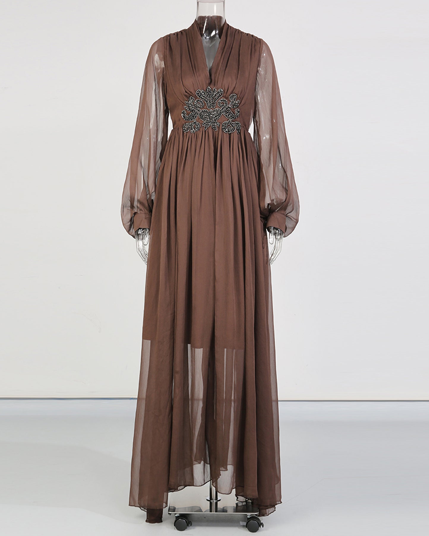 Coffee V-Neck Beaded Sheer Puff Sleeve Maxi Dress