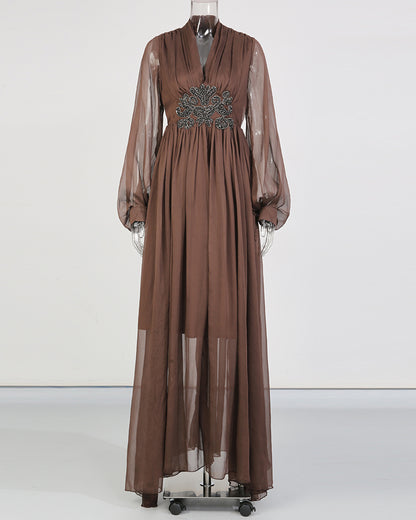 Coffee V-Neck Beaded Sheer Puff Sleeve Maxi Dress