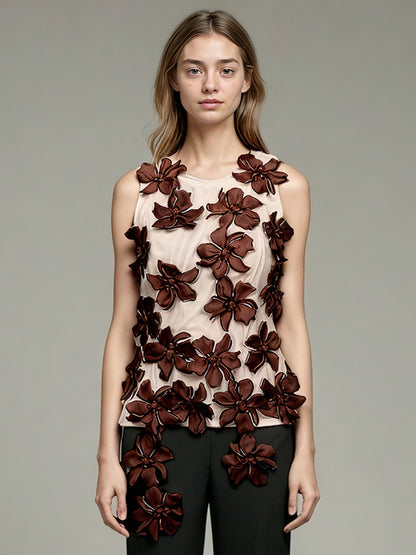 Coffee 3D Floral Appliqué Sleeveless Top