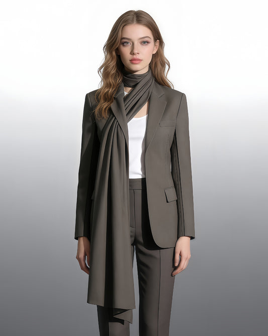 Coffee Blazer with Attached Drape Scarf