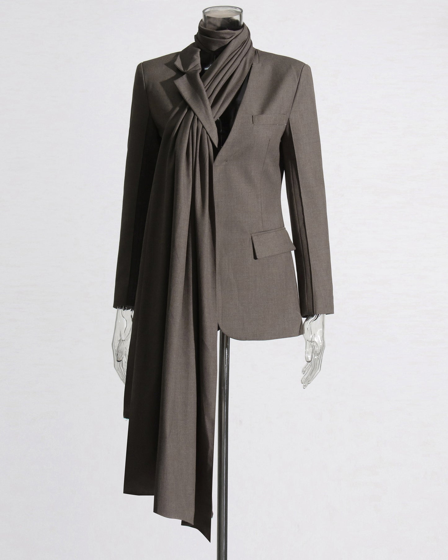 Coffee Blazer with Attached Drape Scarf