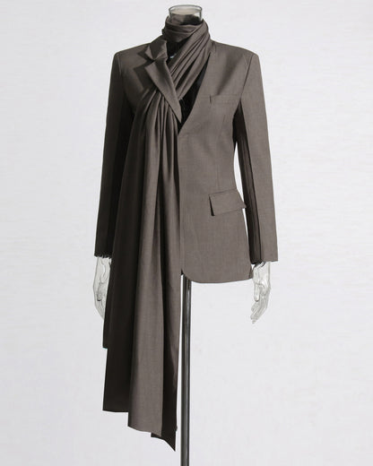 Coffee Blazer with Attached Drape Scarf
