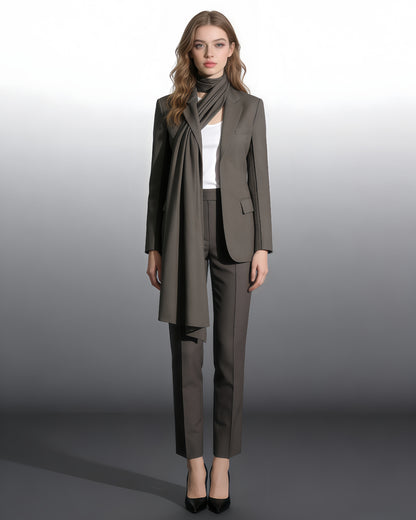 Coffee Blazer with Attached Drape Scarf