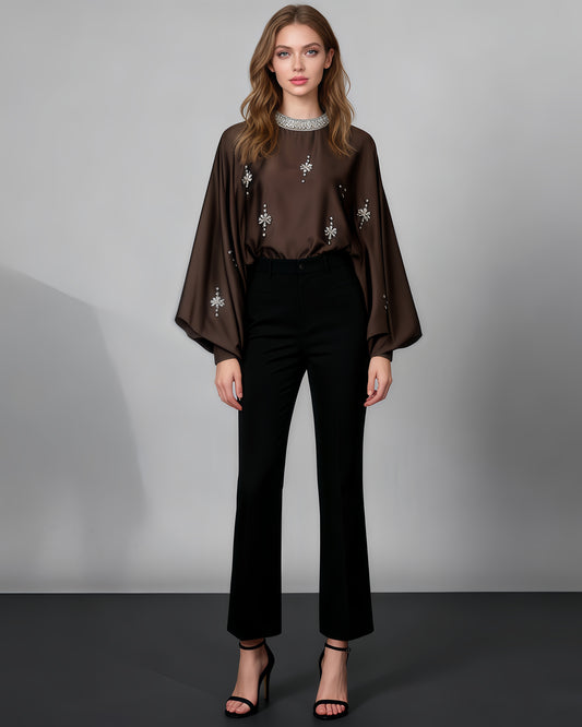 Coffee Blouse with Rhinestone Floral & Batwing Sleeve