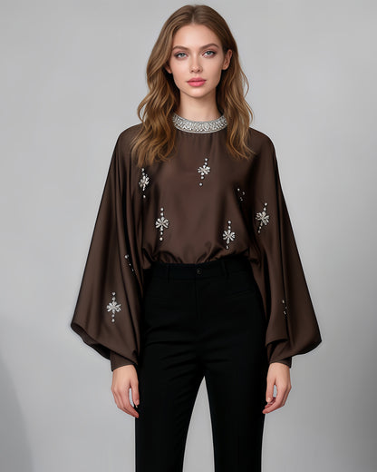 Coffee Blouse with Rhinestone Floral & Batwing Sleeve