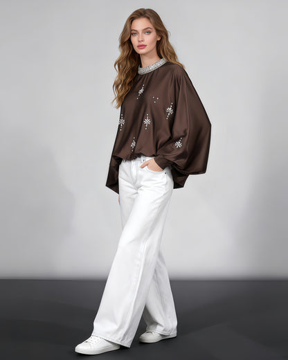 Coffee Blouse with Rhinestone Floral & Batwing Sleeve