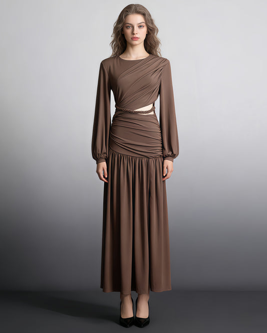 Coffee Ruched Maxi Dress with Cutout Waist