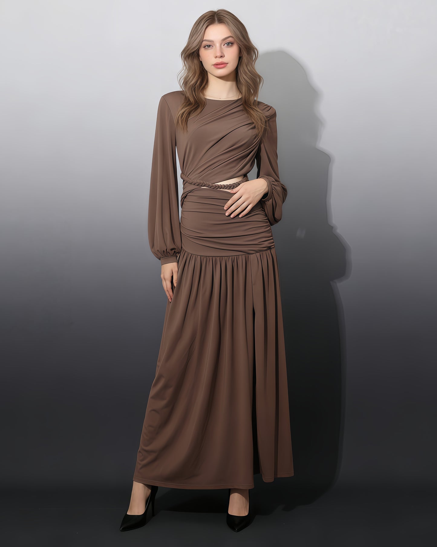Coffee Ruched Maxi Dress with Cutout Waist