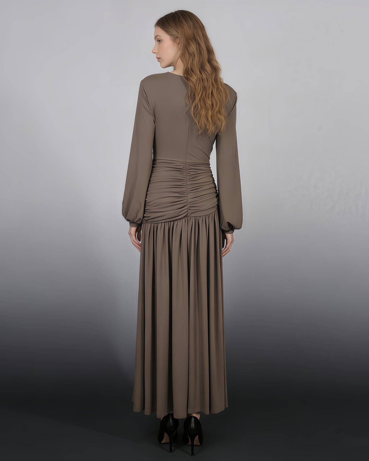 Coffee Ruched Maxi Dress with Cutout Waist