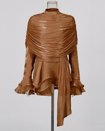 Coffee Ruched Ruffle Dress