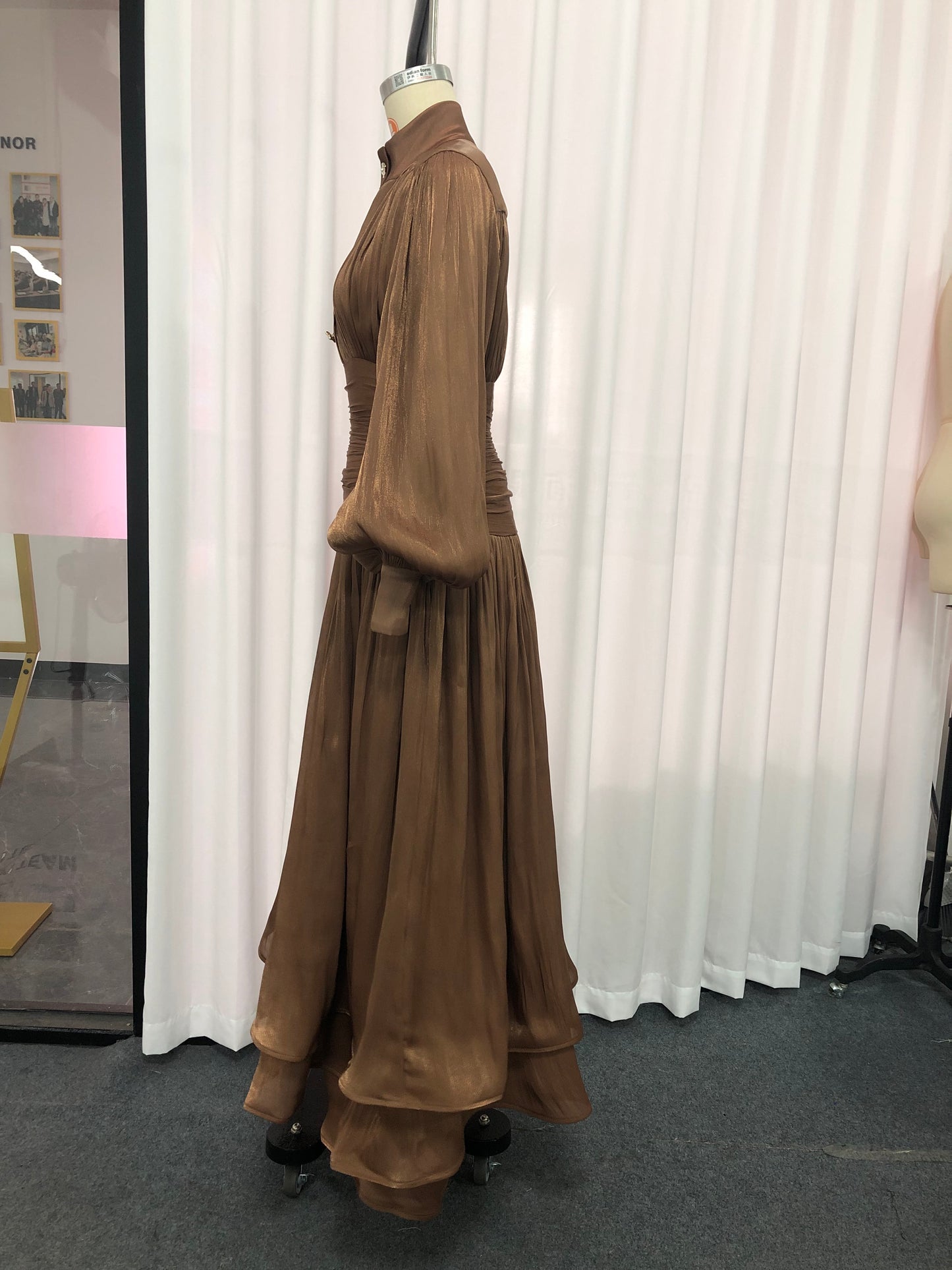 Coffee Ruched Waist Tiered Midi Dress