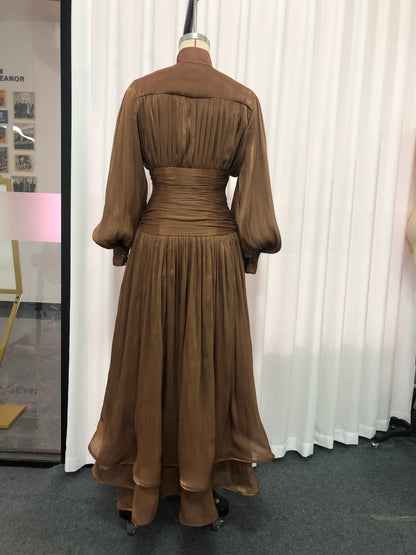 Coffee Ruched Waist Tiered Midi Dress