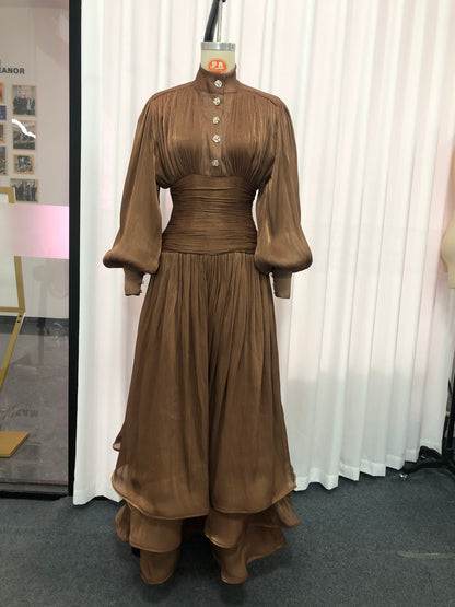 Coffee Ruched Waist Tiered Midi Dress