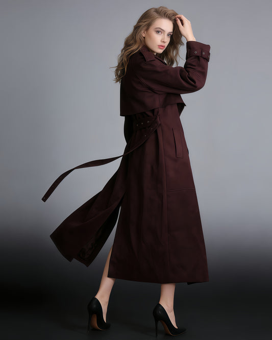 Coffee Suede Long Trench Coat with Belted Waist