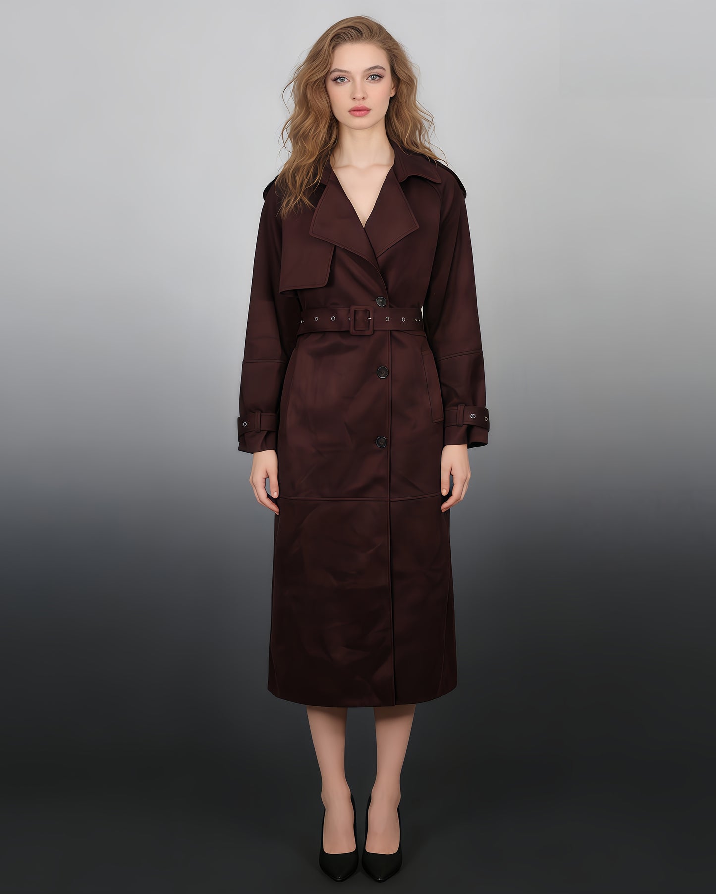 Coffee Suede Long Trench Coat with Belted Waist
